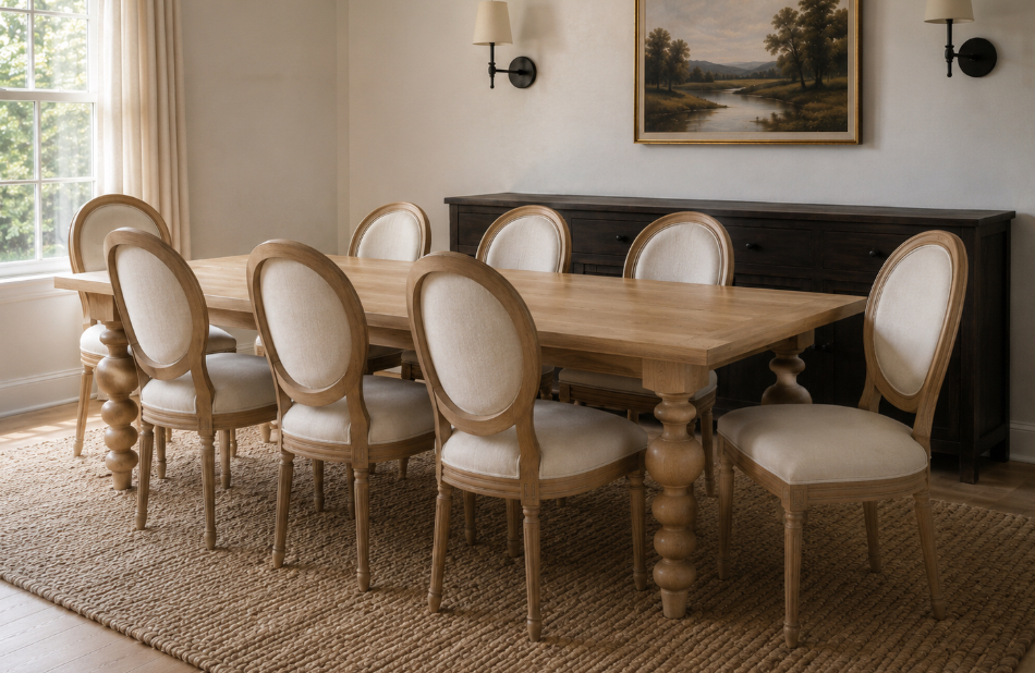 Custom Orleans Harvest Table in Red Oak handcrafted by Sunset Edge & Wood