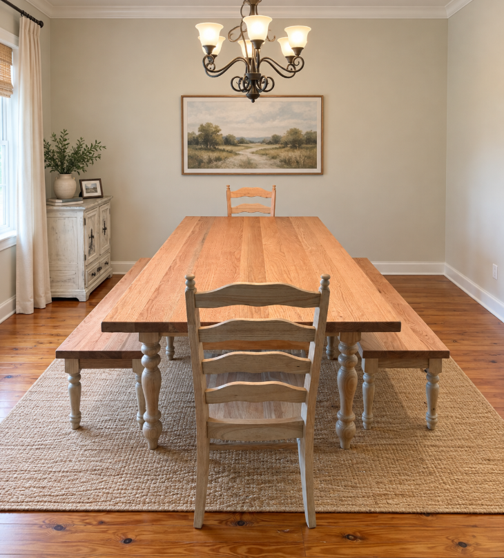 Custom Acadian Harvest Table in Red Oak with a natural finish and deep inset aprons handcrafted by Sunset Edge & Wood